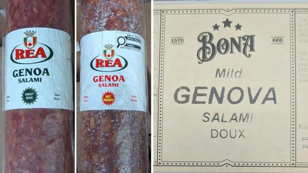 The Public Health Agency of Canada issued an updated notice Wednesday about illnesses linked to Rea brand Genoa Salami Sweet, Rea brand Genoa Salami Hot and Bona brand Mild Genova Salami. Labels from the products are seen in this June 10, 2025, composite of handout images. (THE CANADIAN PRESS/HO-Canadian Food Inspection Agency)