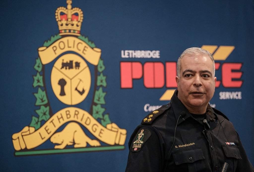 Lethbridge Police Chief Shahin Mehdizadeh speaks during a news conference in Lethbridge, Alta., on Wednesday, March 10, 2021.