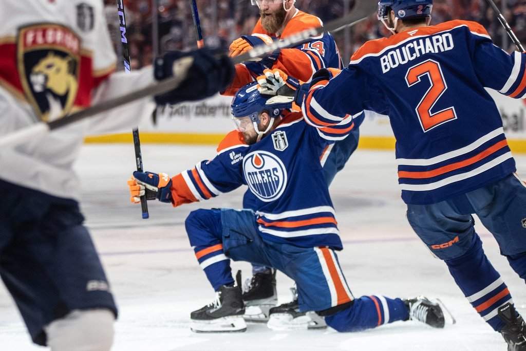 Edmonton Oilers' Viktor Arvidsson (33) celebrates a goal against the Florida Panthers during the second period in Game 1 of the NHL Stanley Cup final in Edmonton, Wednesday, June 4, 2025.