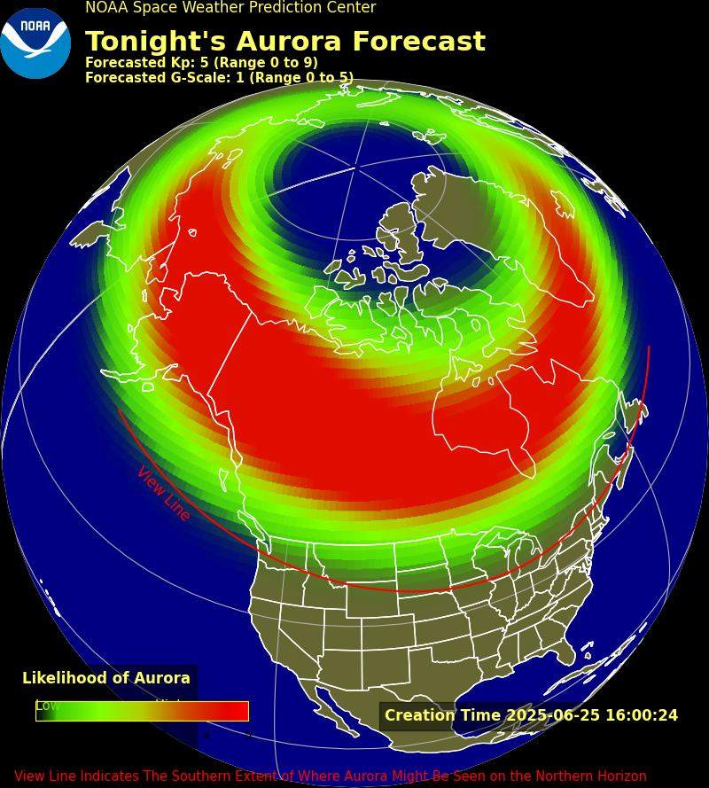 NOAA's forecast shows a strong chance of viewing the Northern Lights across Canada on June 25, 2025.