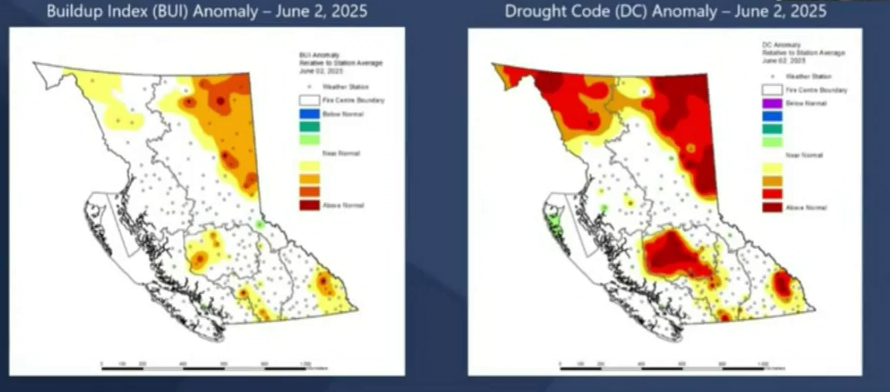 A graphic shows areas of B.C. with the greatest fuel buildup (left) and drought levels (right) as of June 2.