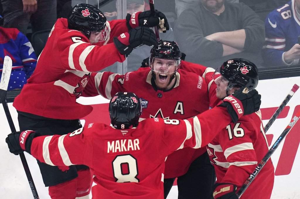 Connor McDavid celebrates tournament winning goal
