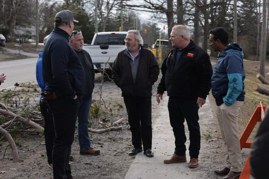 Ontario Premier Doug Ford arrives in Barrie, Ont. on Friday, April 4, 2025 to inspect the damage from the ice storm and thank front-line workers and volunteers. 