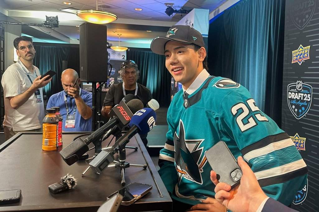 Simon Wang speaks to the media after the San Jose Sharks selected the defenceman with the 33rd overall pick at the NHL draft in Los Angeles on Saturday, June 28, 2025.