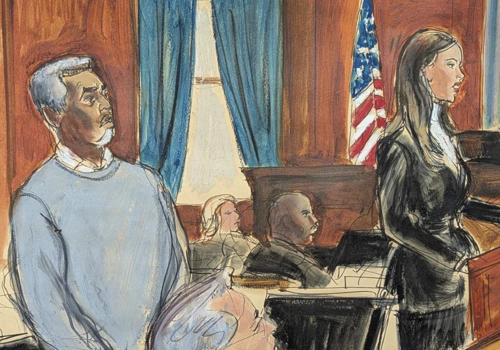 Sean 'Diddy' Combs, left, stands as his defence attorney, Teny Geragos, gives her opening statement to the jury on the first day of trial in Manhattan federal court on Monday, May, 12, 2025.