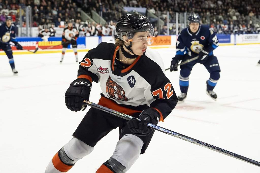 Medicine Hat Tigers' Gavin McKenna (72) looks for the puck during second period Memorial Cup hockey action against the Rimouski Oceanic in Rimouski, Que., on May 23, 2025.