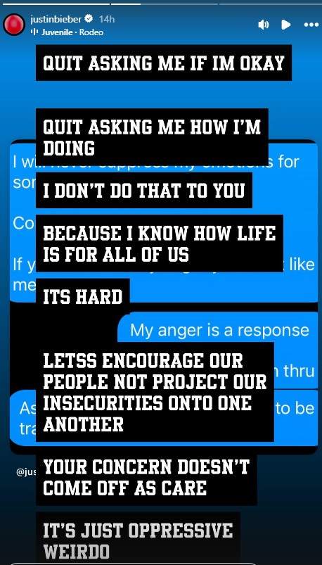 A screenshot of Justin Bieber's Instagram Stories.