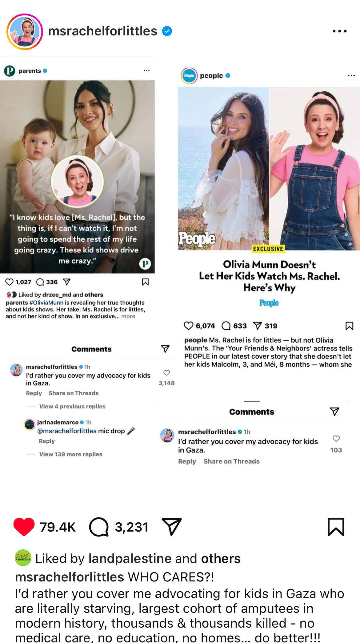 A screenshot of Ms. Rachel's response to Olivia Munn's comments.