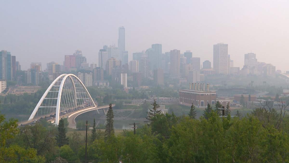 Views of the downtown Edmonton skyline were obscured on Wednesday by thick smoke from wildfires burning in northern Alberta.