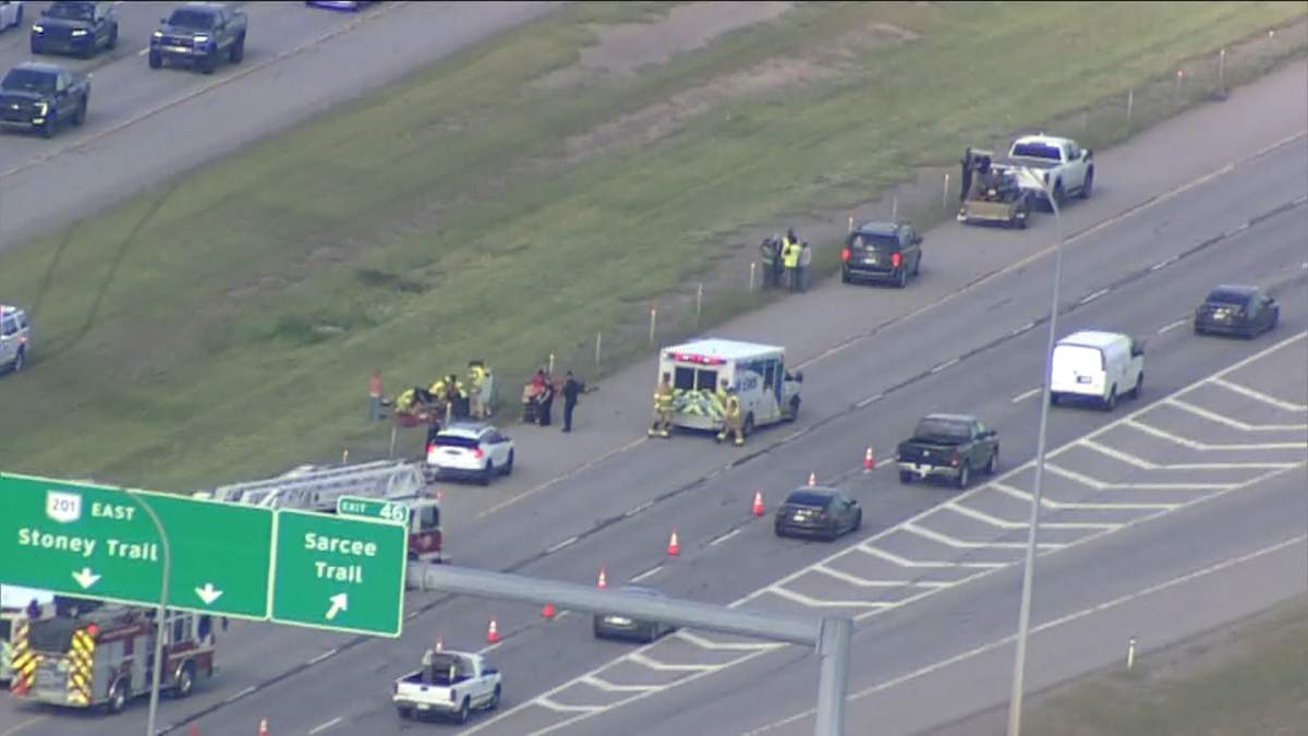 Calgary police said a 35-year-old man was killed on Thursday in a collision with a pickup truck towing a utility trailer on Stoney Trail near Sarcee Trail northwest.