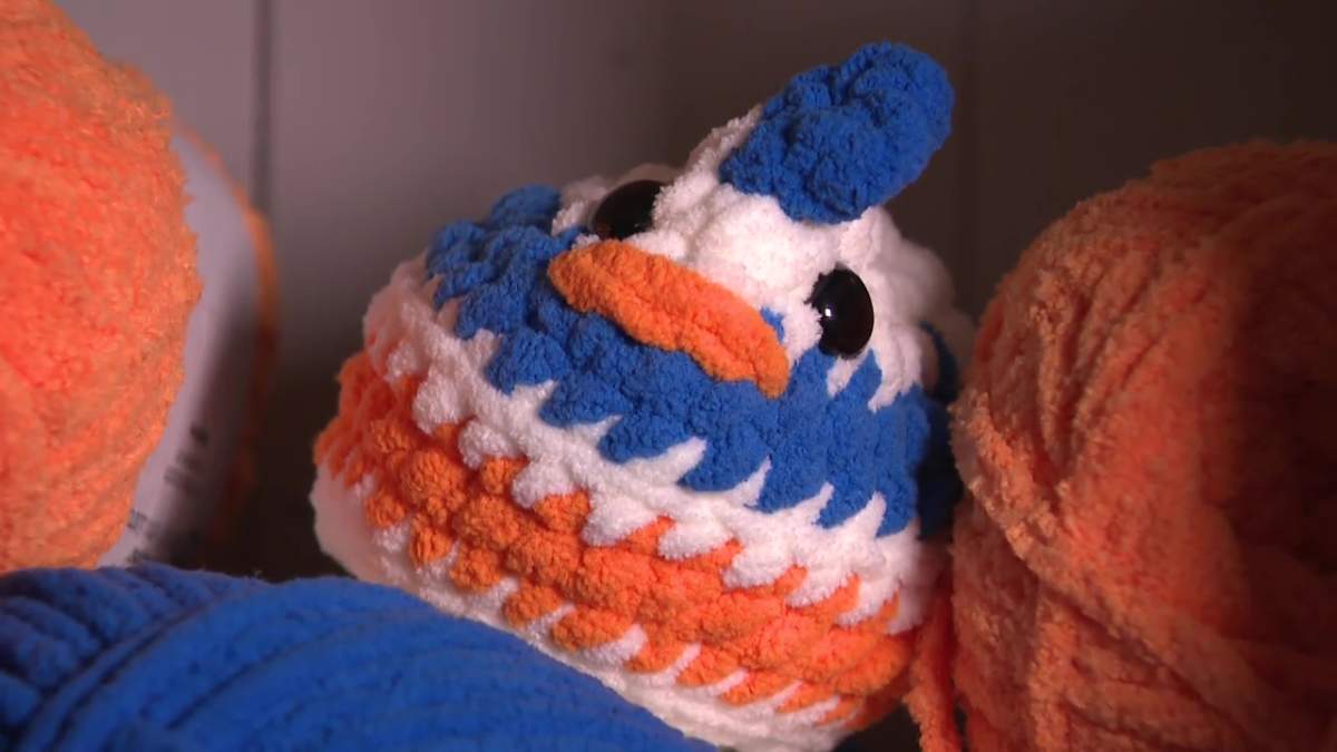 Crafter Ashley Sinclair croches Edmonton Oilers-themed emotional support chickens.