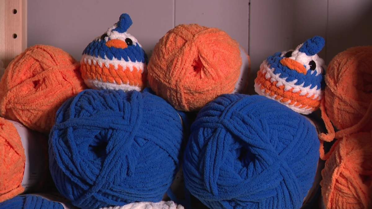Crafter Ashley Sinclair croches Edmonton Oilers-themed emotional support chickens.