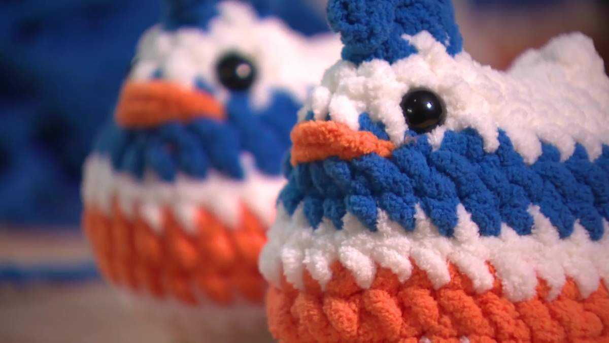 Crafter Ashley Sinclair croches Edmonton Oilers-themed emotional support chickens.