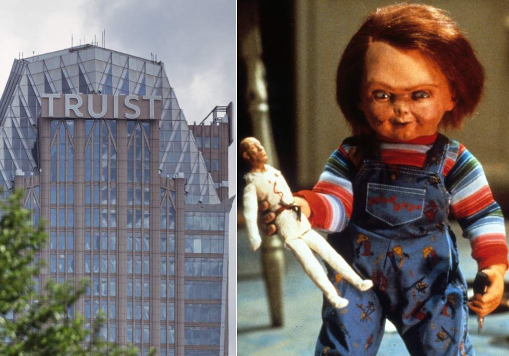(L-R:) A file photo of The Truist Financial headquarters in Charlotte, North Carolina, US and Chucky with doll in a scene from the film 'Child's Play.'