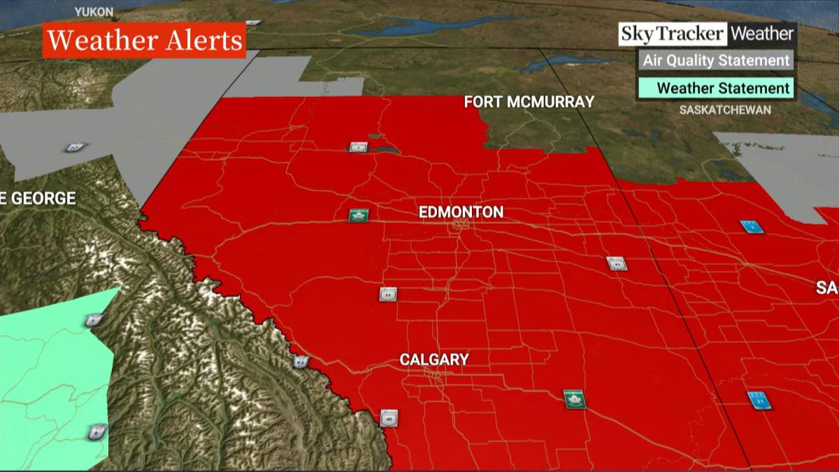 Thick smoke from the wildfires in northern Alberta prompted Environment Canadta to issue air quality warnings for much of the province on Wednesday.