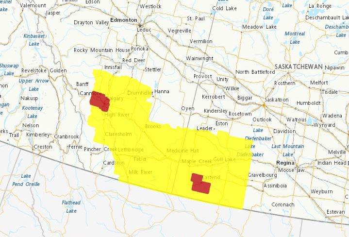 Environment Canada issued severe weather watches and warnings for most of southeastern Alberta and southwestern Saskatchewan on Tuesday.