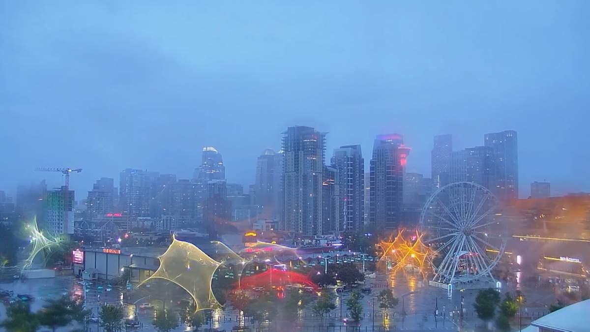 The city of Calgary, seen here at the height of the weekend storm, recorded a total of close to 70 millimetres of rain at the Calgary International Airport.