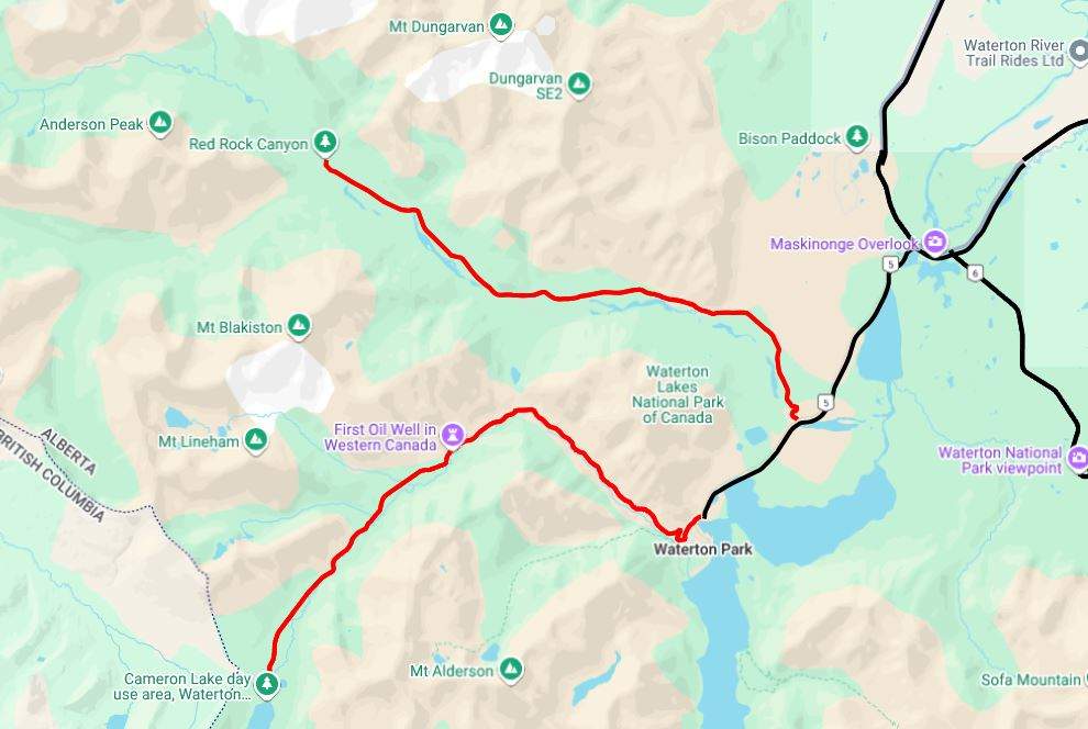 A map from 511Alberta shows the location of the Akamina and Red Rock Parkways, in Waterton Lakes National Park, that have been closed because of the storm forecast to hit the area this weekend.