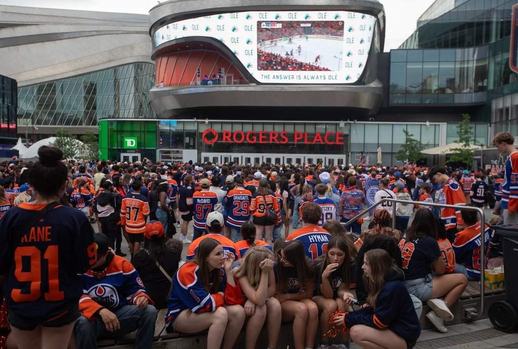 Fans watch as the Edmonton Oilers take on the Florida Panthers during Game 6 of the NHL Stanley Cup final in Edmonton, Tuesday, June 17, 2025.