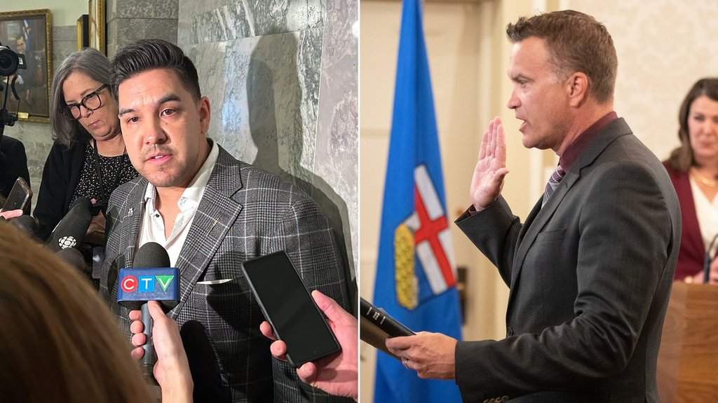 This composite image shows former United Conservative Party MLA Scott Sinclair, left, at the Alberta legislature building in Edmonton on Monday, March 10, 2025, and former UCP infrastructure minister Peter Guthrie, in Edmonton, on Friday, June 9, 2023.