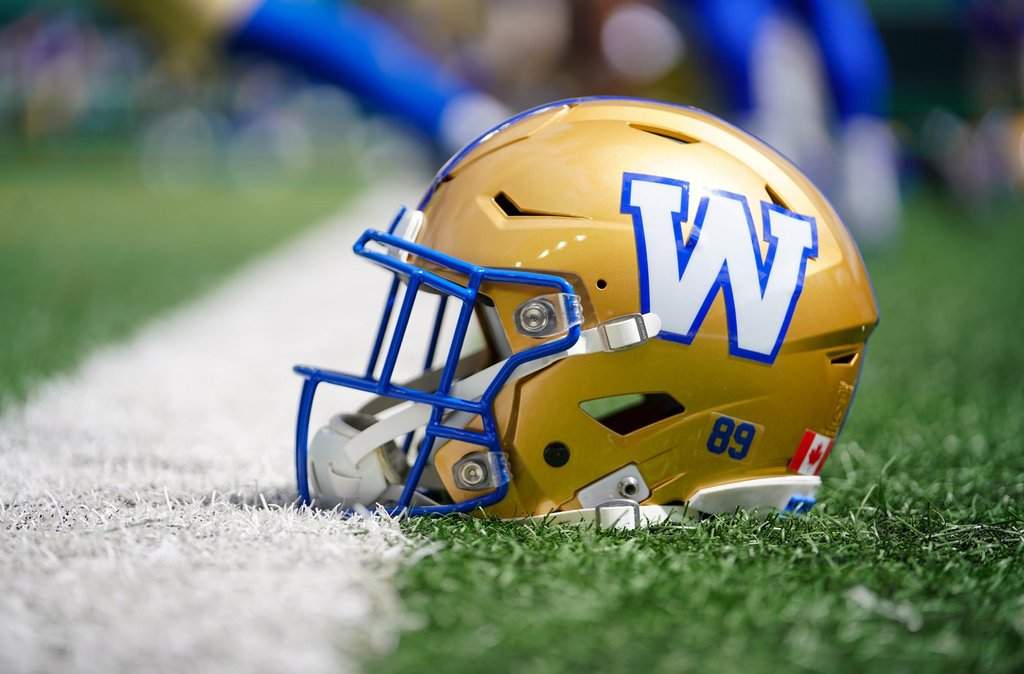 A Winnipeg Blue Bombers helmet can be seen before CFL football action in Regina, Monday, May 20, 2024. THE CANADIAN PRESS/Heywood Yu.