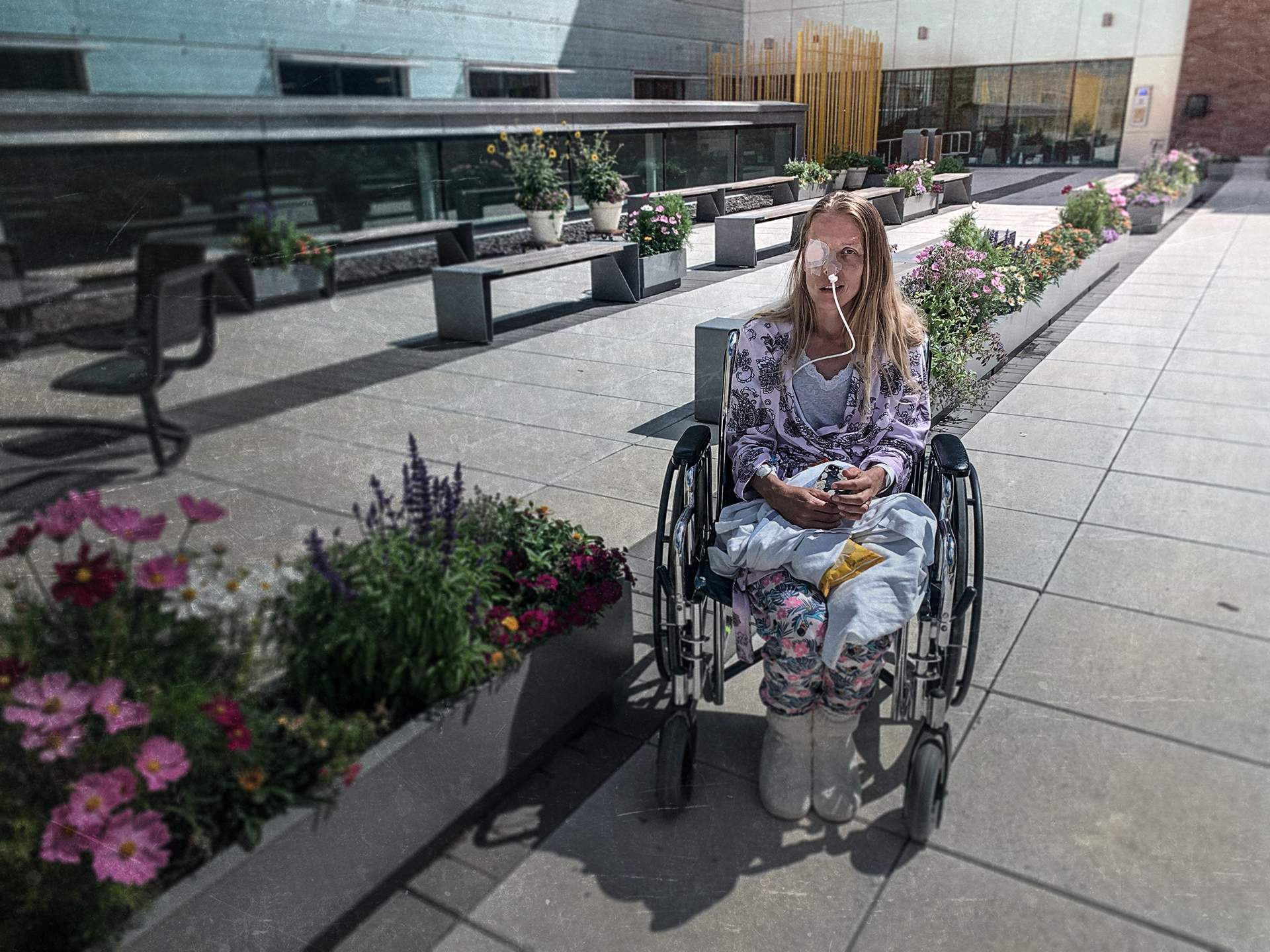 Carrie Sakamoto outside hospital after Vaccine injury