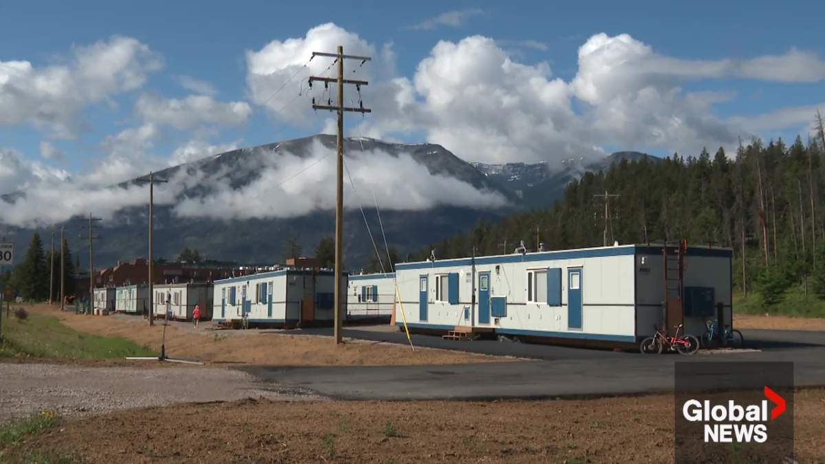 Temporary housing trailers in Jasper, Alta. on July 2025.