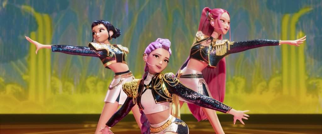 This image, released by Netflix, shows characters Zoey, from left, Rumi and Mira in a scene from 'KPop Demon Hunters. (Netflix via AP).
