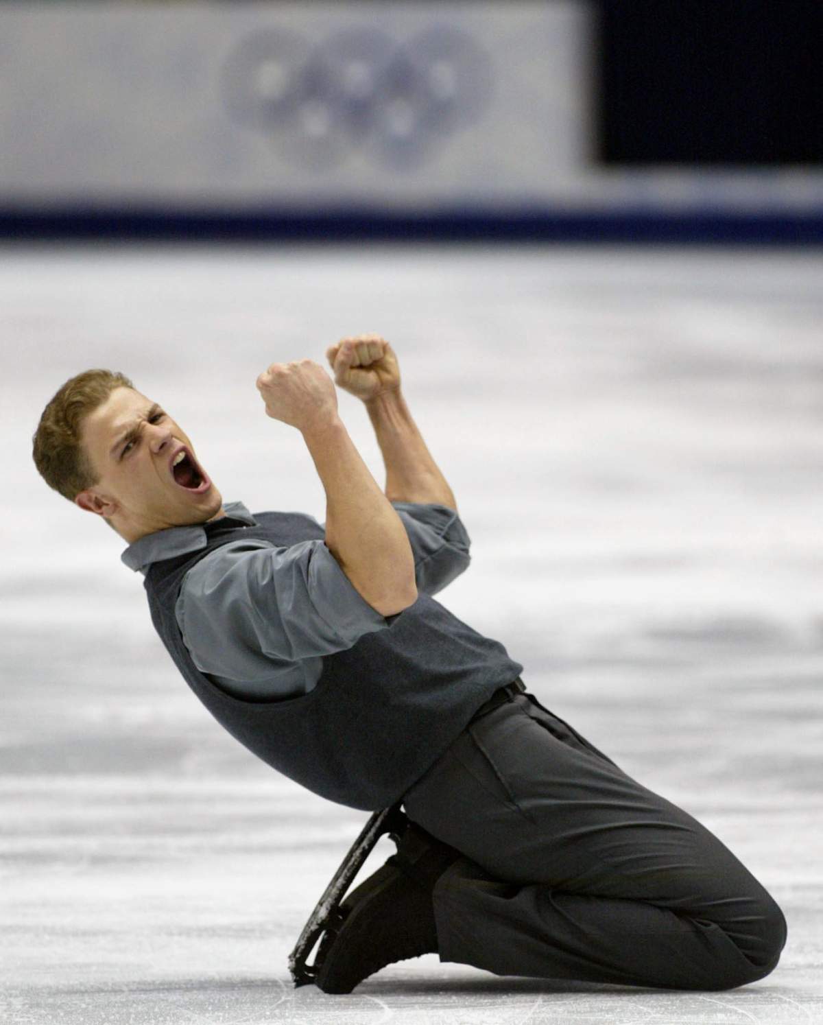 Canadian David Pelletier yells out after completing his Pairs Free Skating with Jamie Sale (not shown) in Salt Lake City, Utah Monday Feb. 11, at the 2002 Winter Olympics. They won a Silver medal for their skate.
