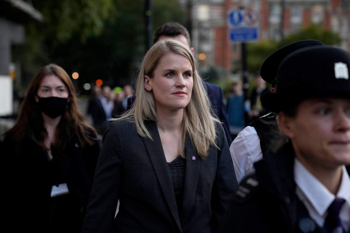 Facebook whistleblower Frances Haugen is pictured after telling British lawmakers the social media giant stokes online hate and extremism, and fails to protect children from harmful content. (AP Photo/Matt Dunham)