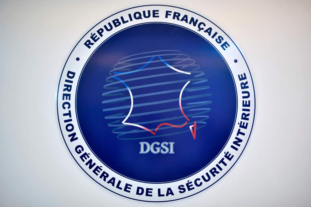 FILE - The logo of the French General Directorate for Internal Security (DGSI) is pictured in Paris, Monday Aug. 31, 2020. (Stephane de Sakutin, Pool via AP, File).