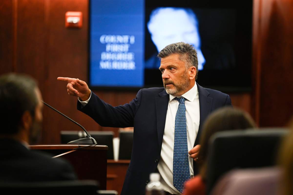 Ryan Brackley, a lawyer for the prosecution, delivers his opening arguments during the murder trial for James Craig, accused of killing his wife, at the Arapahoe District Court, Tuesday, July 15, 2025, in Centennial, Colo.