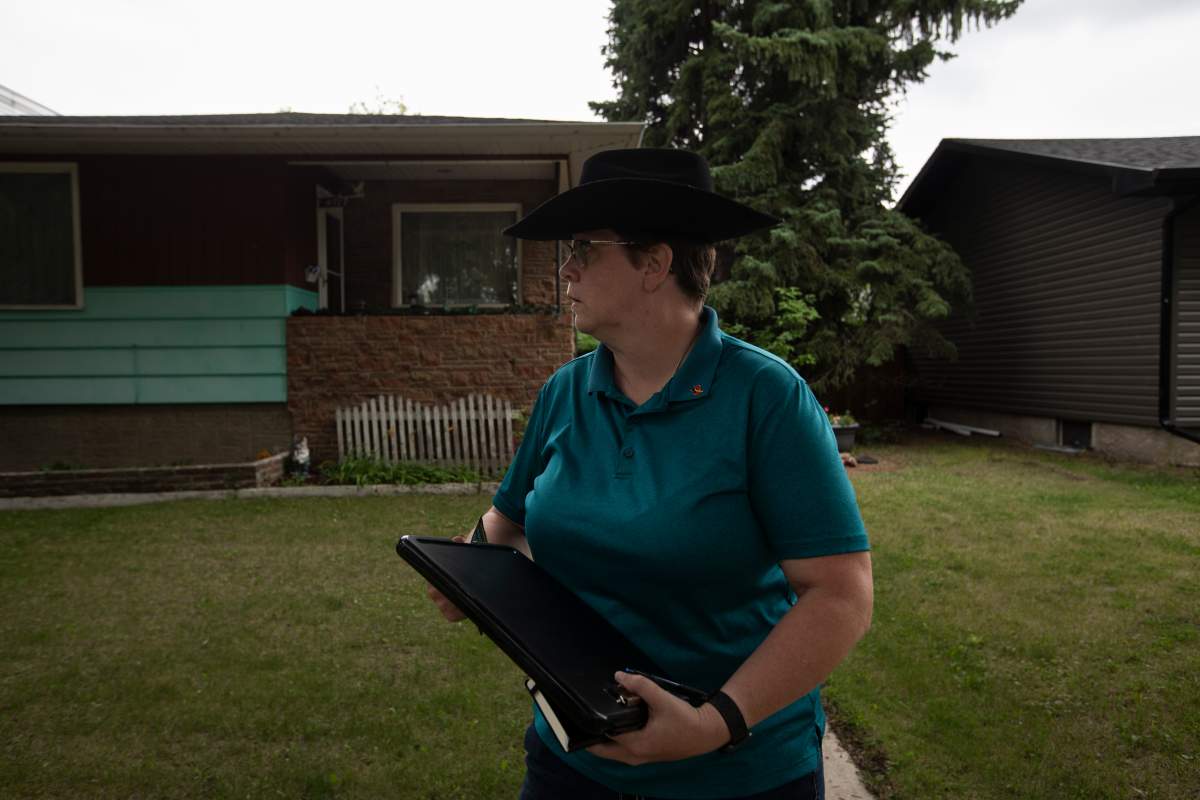 Independent candidate Bonnie Critchley campaigns in the riding of Battle River-Crowfoot, where Pierre Poilievre is attempting to earn a seat in Camrose, Alta., on Tuesday, July 22, 2025.
