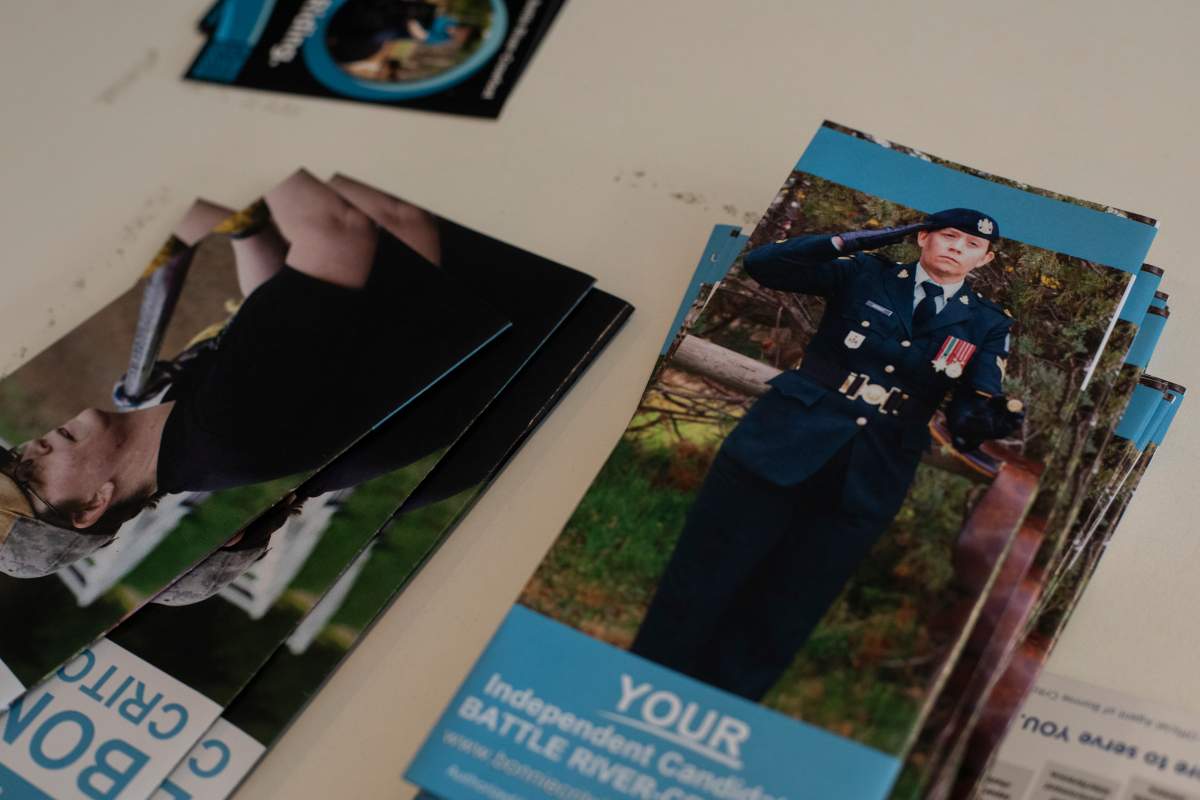 Pamphlets for independent candidate Bonnie Critchley at her campaign office in Camrose, Alta., on Tuesday, July 22, 2025.