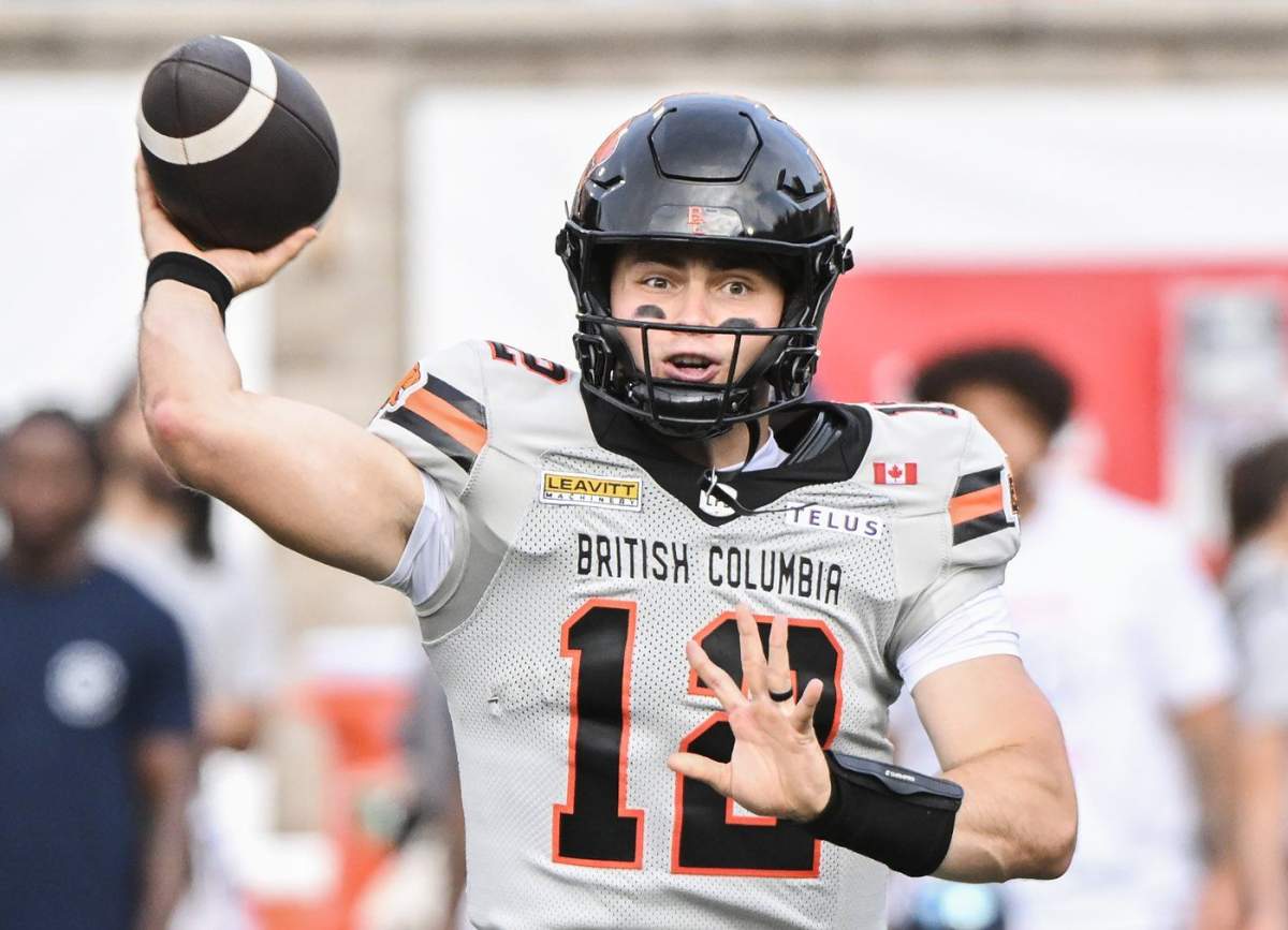 B.C. Lions quarterback Nathan Rourke throws a pass during first half CFL football action against the Montreal Alouettes in Montreal, Saturday, July 5, 2025.