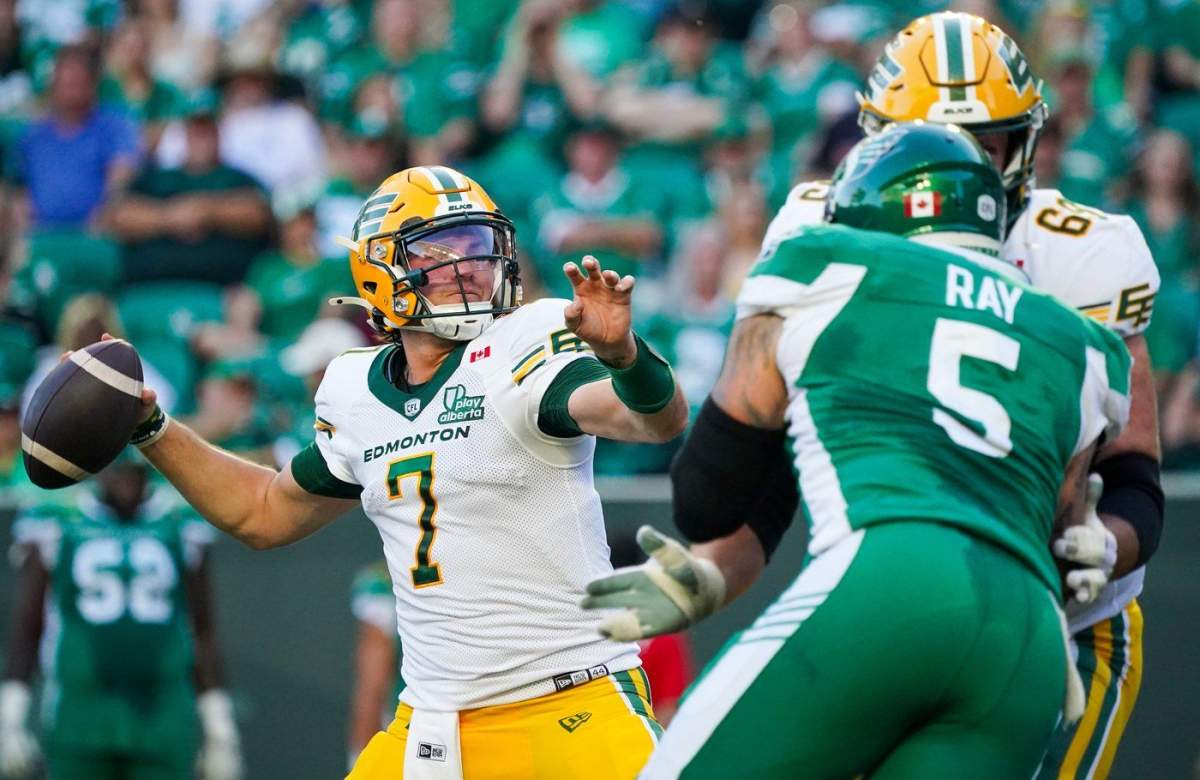 Elks QB Cody Fajardo drops back to pass against Saskatchewan Roughriders on Friday, July 25, 2025