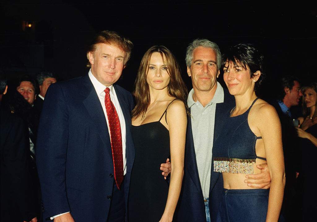 From left, Donald Trump and his girlfriend (and future wife), former model Melania Knauss, financier (and future convicted sex offender) Jeffrey Epstein, and British socialite Ghislaine Maxwell pose together at the Mar-a-Lago club, Palm Beach, Florida, February 12, 2000.