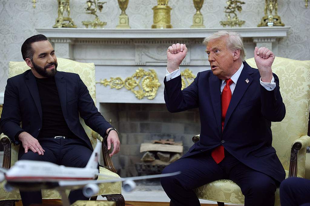 : U.S. President Donald Trump meets with President Nayib Bukele of El Salvador in the Oval Office of the White House April 14, 2025 in Washington, DC.