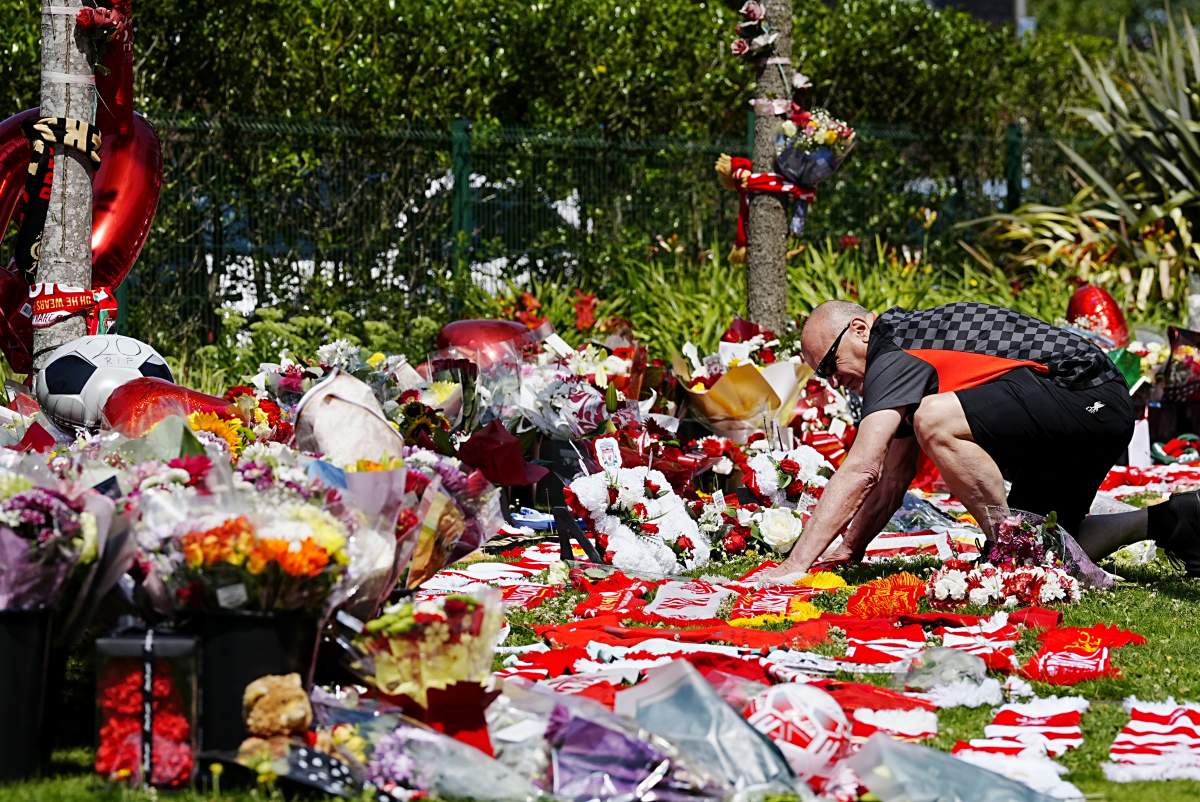 Tributes at Anfield Stadium, home of Liverpool, in memory of Diogo Jota who has died at the age of 28. Picture date: Thursday July 3, 2025.