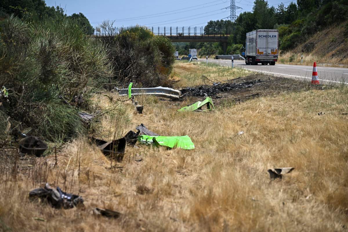 General view of the crash site where Liverpool FC player Diogo Jota and his brother André Silva lost their lives, showing the wreckage of the Lamborghini Huracan at kilometre 65 of the A-52, near the town of Cernadilla, close to Zamora, Spain.