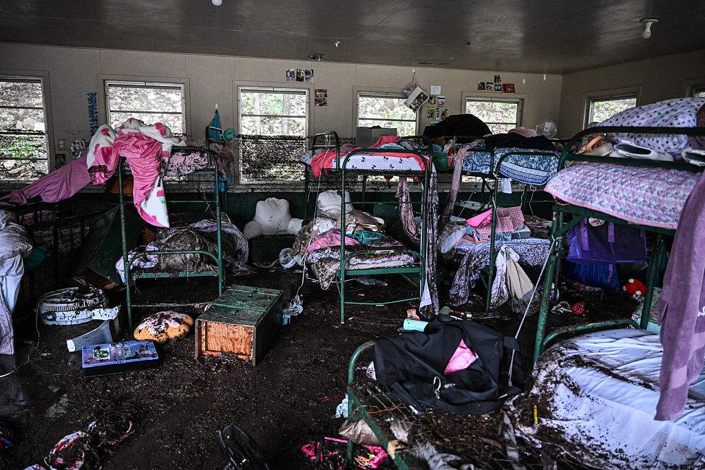 A view inside of a cabin at Camp Mystic, the site of where at least 20 girls went missing after flash flooding in Hunt, Texas, on July 5, 2025. Rescuers were on Saturday searching for more than 20 girls missing from a riverside summer camp in the US state of Texas.