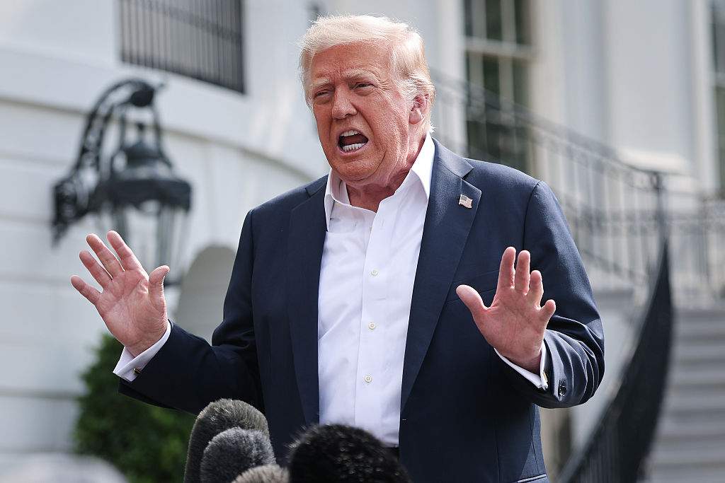 President Donald Trump answers questions while departing the White House on July 11, 2025 in Washington, DC. Trump is scheduled to travel to Central Texas today to meet with first responders and local elected officials involved with the recovery process from last week's flash flooding event that has claimed more than 120 lives.