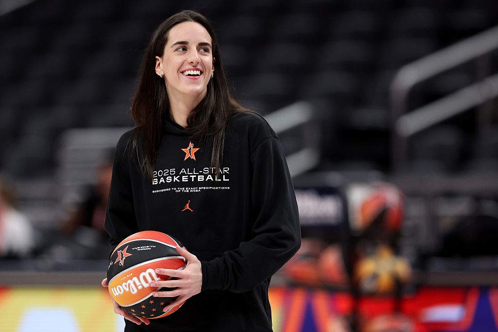 Caitlin Clark #22 of the Indiana Fever reacts during the 2025 AT&T WNBA All-Star practice sessions at Gainbridge Fieldhouse on July 18, 2025 in Indianapolis, Indiana.