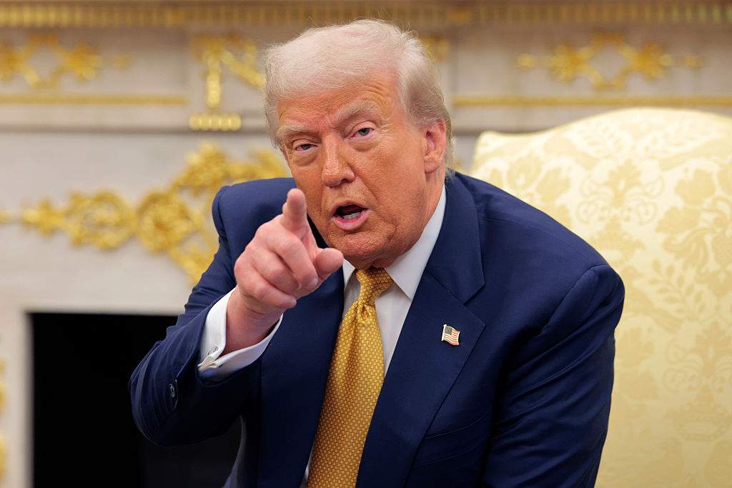 U.S. President Donald Trump delivers remarks during a meeting with Philippine President Ferdinand Marcos Jr. in the Oval Office at the White House on July 22, 2025 in Washington, DC. .