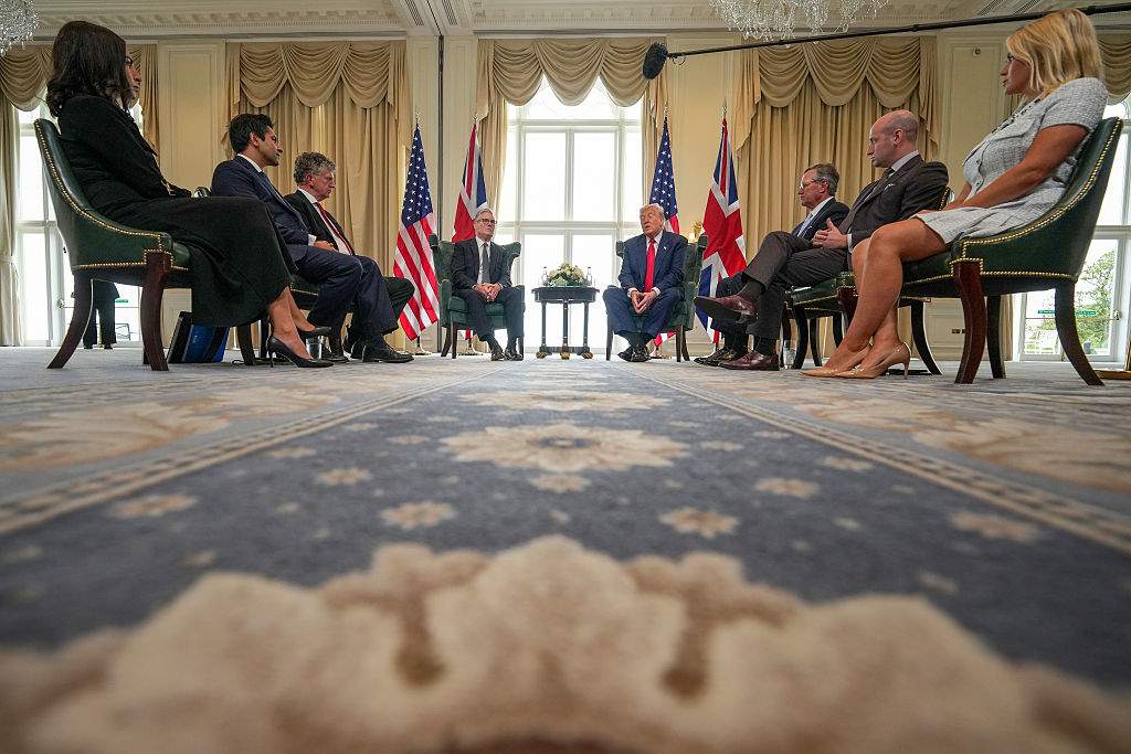 U.S. President Donald Trump meets with British Prime Minister Keir Starmer at Trump Turnberry golf club on July 28, 2025 in Turnberry, Scotland.