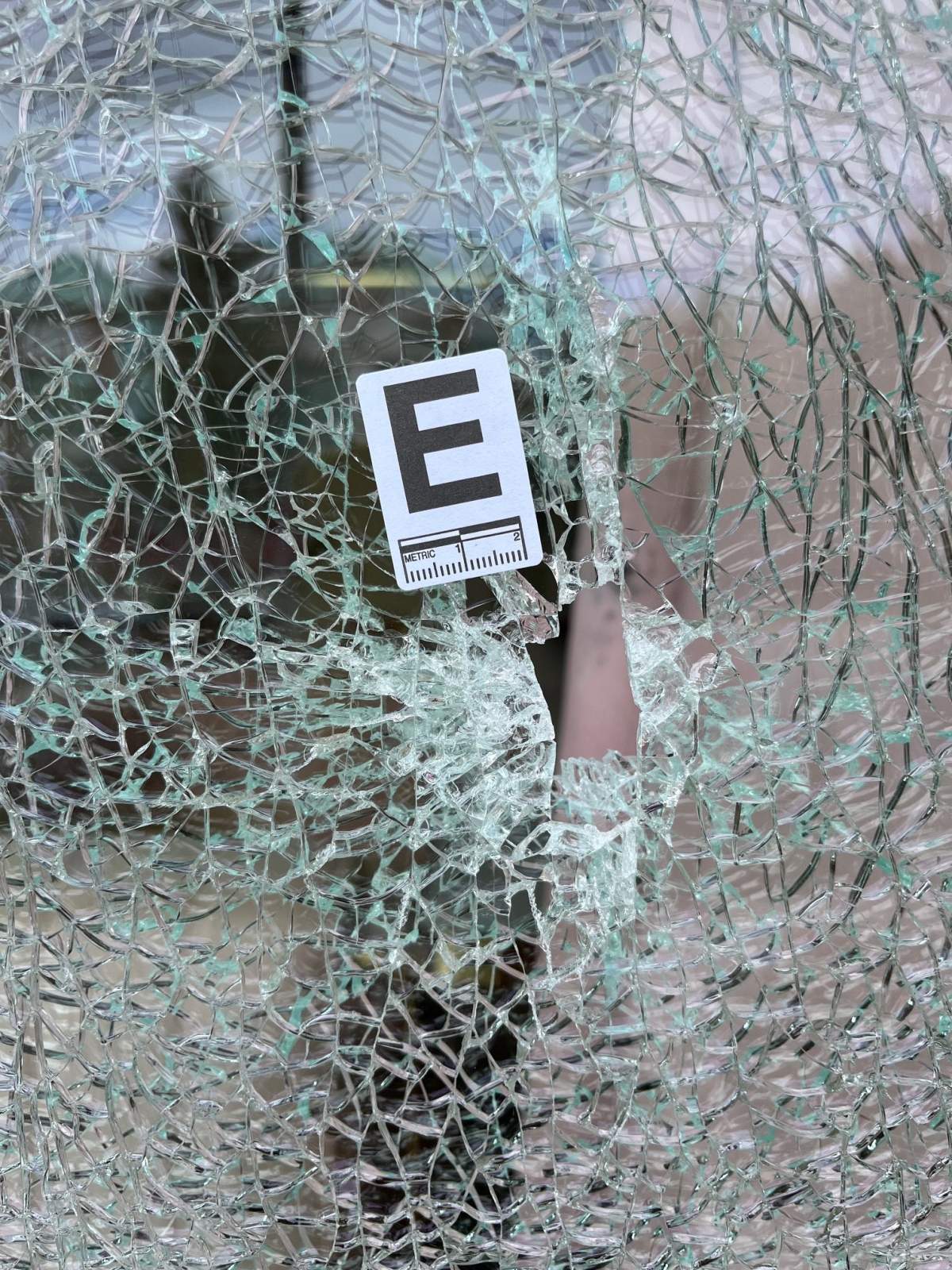 Bullet holes can be seen in the window of the cafe in Surrey.