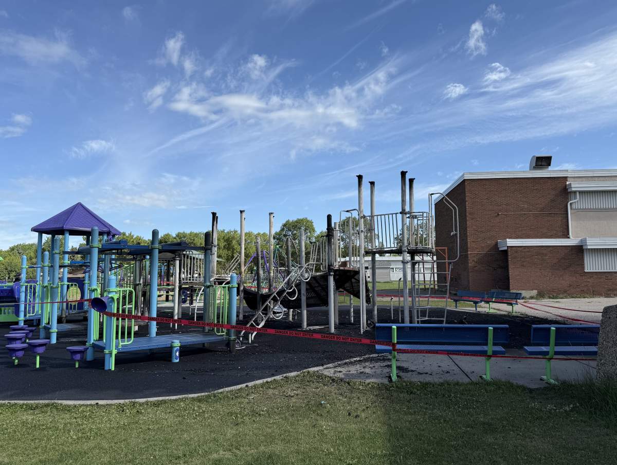 Police have closed St. Pius X Elementary School playground after a fire destroyed the structure early Saturday morning. July 12, 2024.