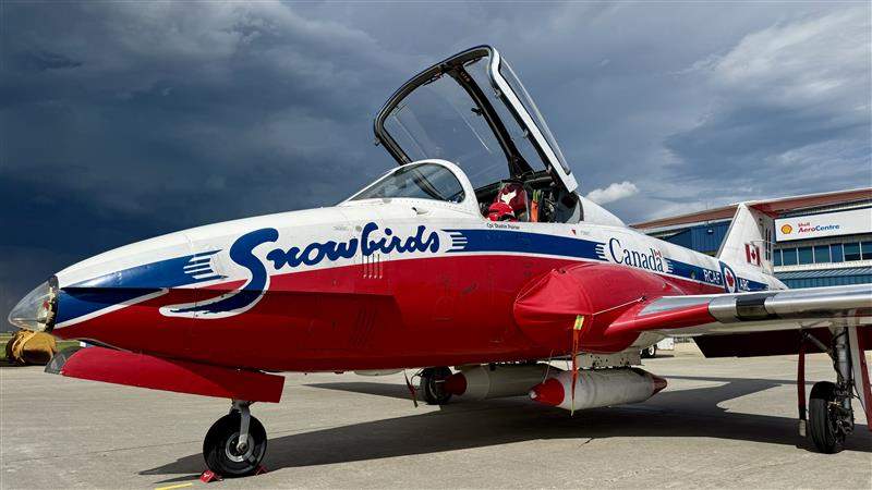 A Canadian Forces Snowbird parked at the tarmac at the Edmonton International Airport on July 24, 2025.