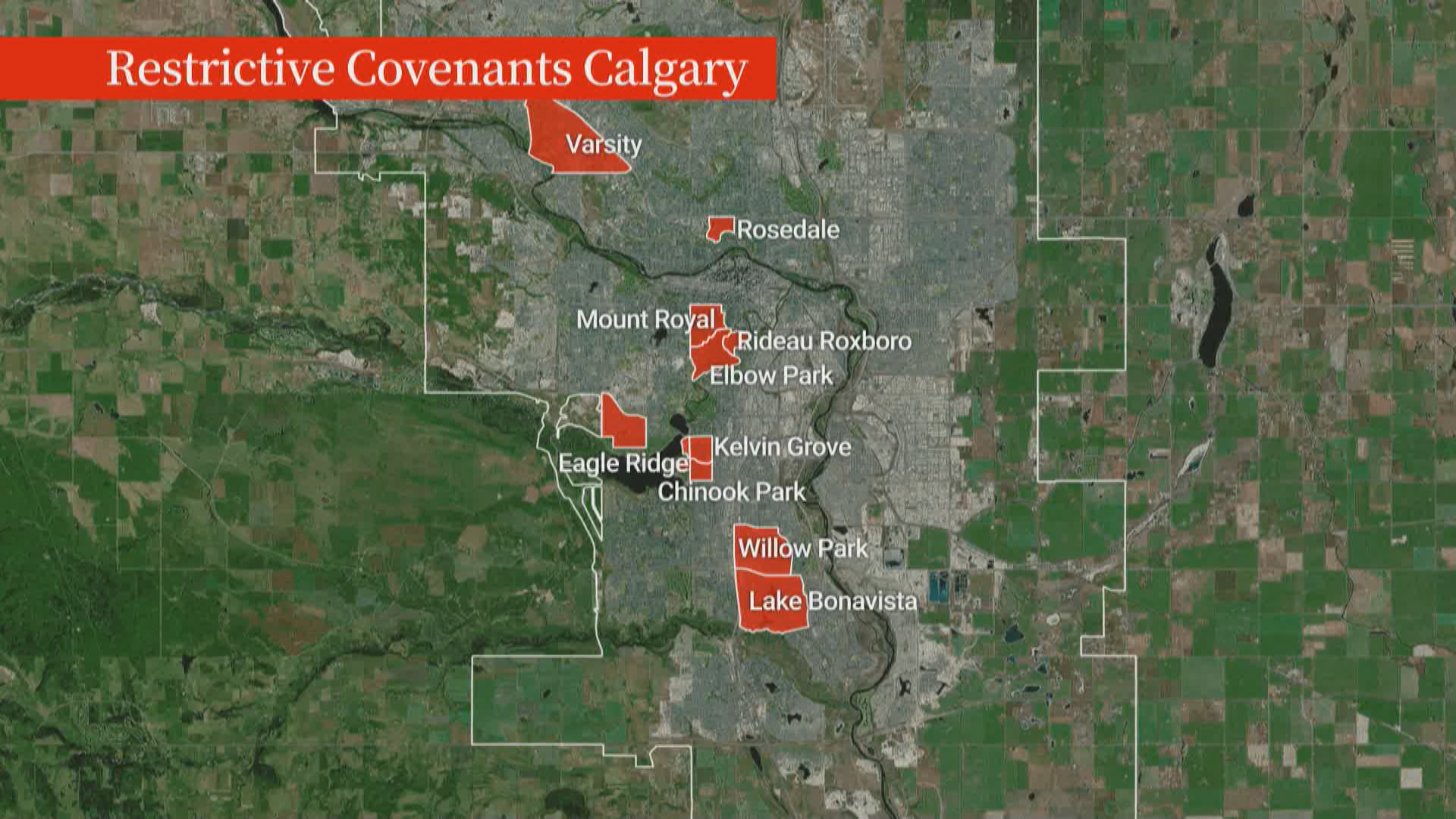 A map showing the communities exploring restrictive covenants in Calgary.