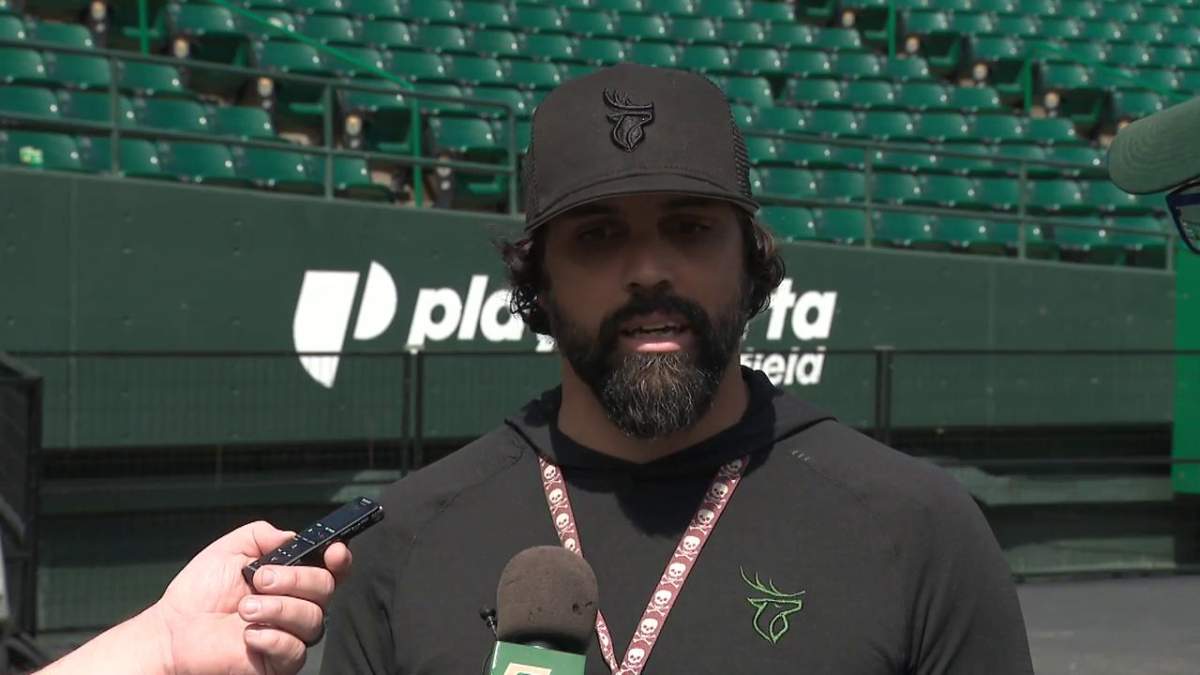 Edmonton Elks head coach Mark Kilam speaks to reporters after practice on July 1, 2025.